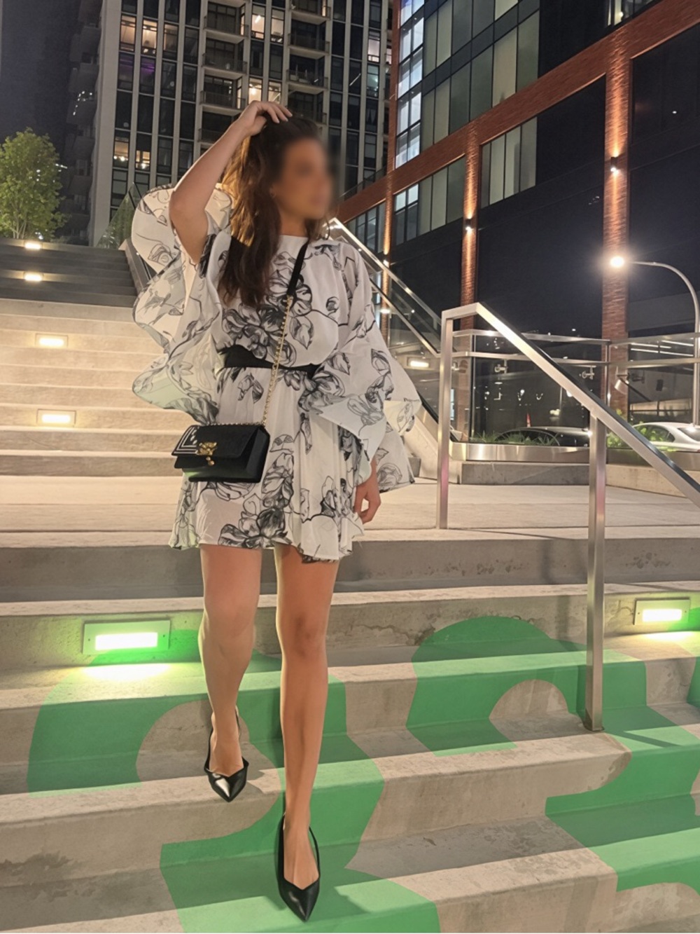 Floral Ruffle Sleeve Women’s Top - White with Black Print